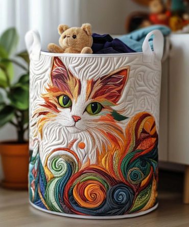 Feline Fun Quilted Laundry Hamper – Playful Cat Print, Soft Quilted Fabric, Foldable & Easy-Care With Reinforced Handles For Cat Lovers