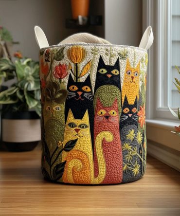Cat & Bloom Quilted Laundry Hamper - Feline Garden Design, Collapsible Fabric Basket, Machine Washable & Decorative Bedroom Storage