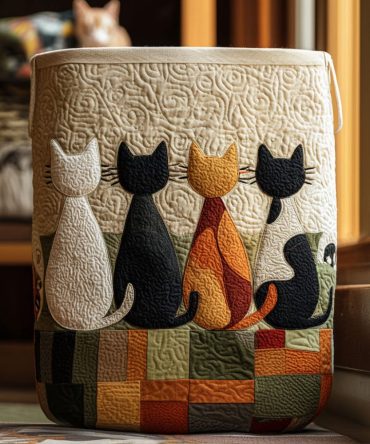 Feline Harmony Quilted Laundry Hamper — Elegant Cat-Pattern Quilted Fabric Basket With Foldable Design And Reinforced Carry Handles