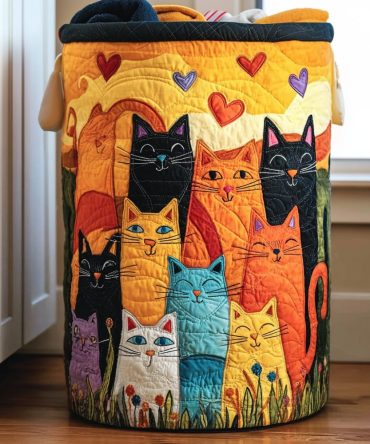 Feline Harmony Quilted Laundry Hamper - Cat Print Clothes Organizer With Soft Quilting & Handles, Stylish Pet-Themed Storage