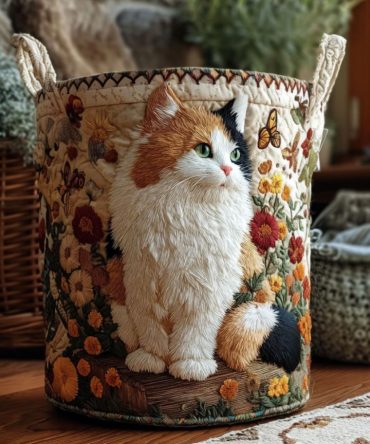 Feline Floral Quilted Laundry Hamper – Cute Cat & Flower Fabric Storage Basket With Handles, Collapsible & Durable