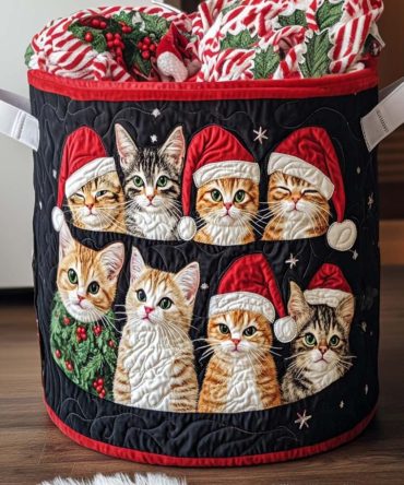 Felix Festive Quilted Laundry Hamper - Holiday Cat Design, Padded Storage Basket For Stylish Home Organization