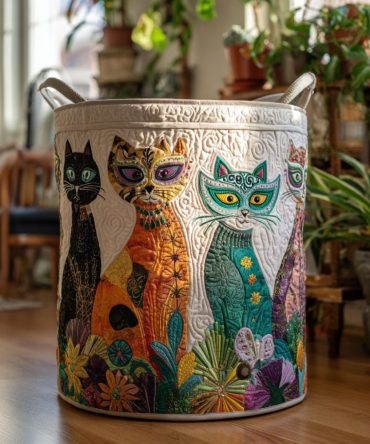 Festival Felines Quilted Fabric Laundry Hamper — Colorful Feline Washable Clothes Basket With Handles, Foldable Party & Home Storage Organizer