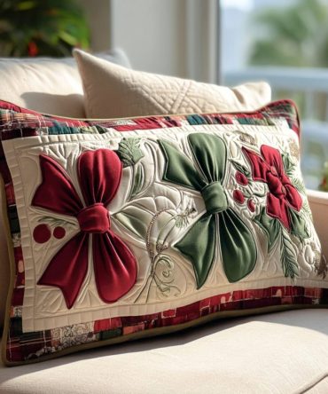 Festive Chimes Quilted Holiday Pillow Cover - Jingle Bell Christmas Throw Pillow Sham For Entryway, Living Room & Bed