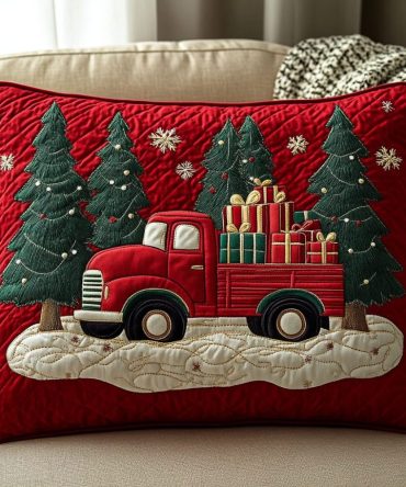Festive Tree Hauler Vintage Truck Quilted Pillow Cover - Nostalgic Cotton Pillowcase For Christmas, Farmhouse & Retro Holiday Decor