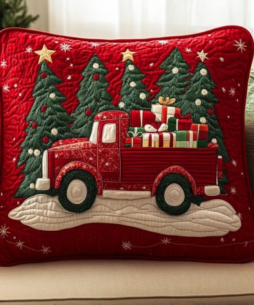 Festive Tree Hauler Quilted Holiday Pillow Cover — Charming Christmas Tree Tractor Cushion Case, Rustic Seasonal Accent For Home