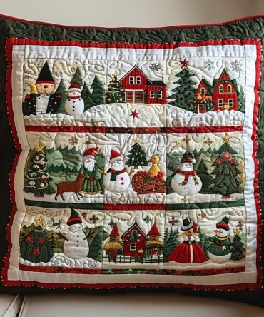Festive Village Quilted Pillow Cover - Cozy Holiday Village Scene Throw Pillowcase, Soft Cotton Blend, Machine-Washable Seasonal Accent