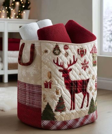 Festive Antlers Quilted Laundry Hamper - Charming Antler Print Collapsible Fabric Basket, Lined & Sturdy For Holiday Storage And Gift Giving