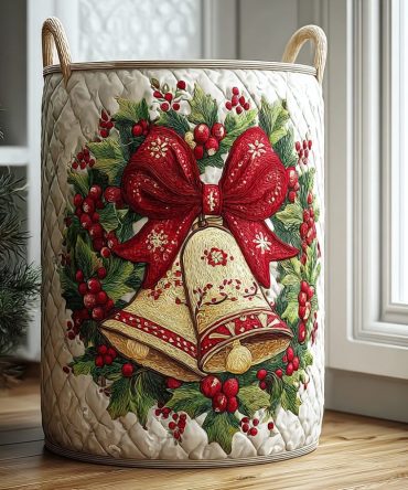 Holiday Quilted Storage Basket - Festive Bell Patterned Fabric Organizer, Foldable Laundry & Gift Hamper, Durable Seasonal Accent