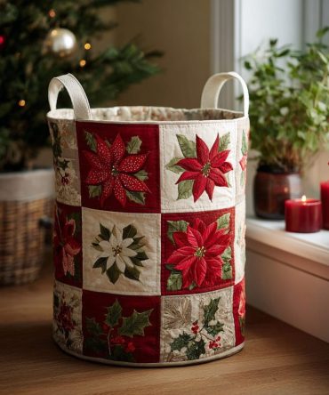 Festive Blossom Quilted Hamper: Floral-Pattern Laundry Basket For Seasonal Decor, Bedroom & Gift-Ready Home Organization