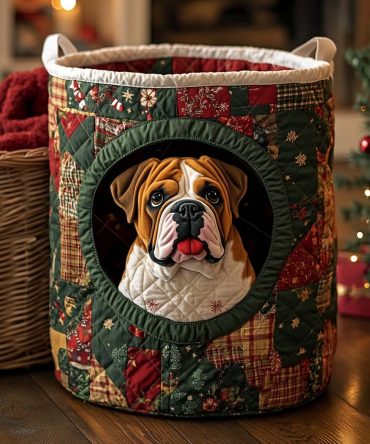 Festive Bulldog Quilted Laundry Hamper — Holiday-Ready Foldable Basket, Durable Handles, Spacious & Decorative For Home