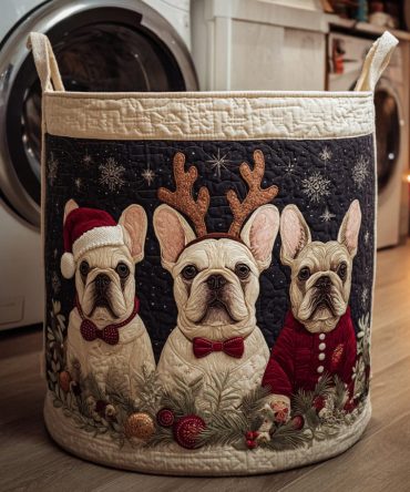 Festive Bulldog Trio Quilted Laundry Hamper - Novelty Decorative Fabric Basket With Handles , Fun, Spacious & Easy-Care Organizer