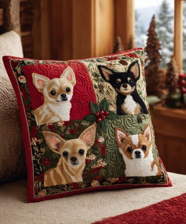 Festive Chihuahua Quilted Pillow Cover — Tiny Dog Holiday Print Decorative Throw For Chihuahua Lovers, Soft Quilted Accent, Great Gift