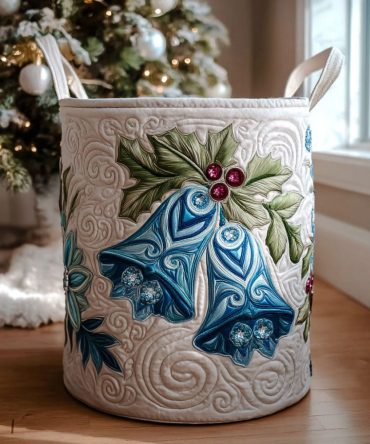 Festive Chimes Quilted Laundry Hamper — Holiday-Themed Fabric Laundry Basket, Foldable Storage Solution With Comfortable Handles
