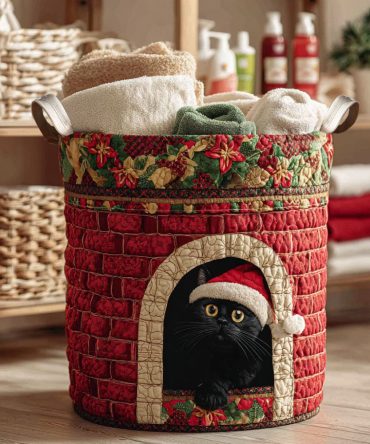 Festive Chimney Quilted Cat Laundry Basket — Holiday-Themed Collapsible Hamper, Decorative Fabric Storage For Christmas Homes
