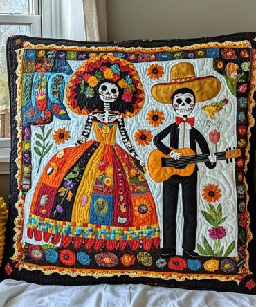 Vibrant Dia De Los Muertos Quilted Throw Pillow Cover – Colorful Sugar Skull Decorative Cushion Case For Living Room