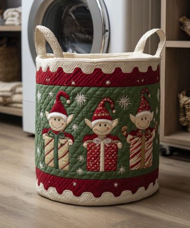 Festive Elf Friends Quilted Cotton Laundry Hamper — Holiday-Themed Foldable Storage Basket With Handles For Seasonal Décor & Gift Giving