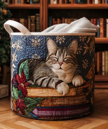 Festive Feline Quilted Laundry Hamper - Holiday Cat Print Collapsible Fabric Basket, Decorative Laundry Organizer For Seasonal & Everyday Use
