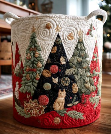 Festive Felines Quilted Laundry Hamper – Playful Cat Holiday Fabric Storage Basket With Handles, Collapsible & Durable