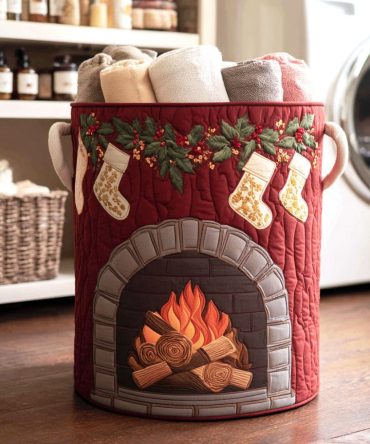 Holiday Fireplace Quilted Laundry Hamper – Festive Red & Green Storage Basket With Handles, Foldable, Durable Holiday Décor Gift