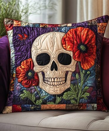 Floral Skull Quilted Throw Pillow Cover — Colorful Flower Skull Accent For Living Room, Boho Gothic Home Décor, Removable Case
