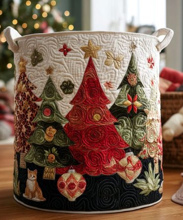 Festive Forest Quilted Laundry Hamper – Woodland Holiday Print Fabric Basket With Handles, Collapsible Seasonal Storage