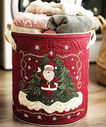 Festive Forest Santa Quilted Hamper , Large Foldable Laundry Basket With Reinforced Handles & Holiday Forest Design For Home Use & Gifting