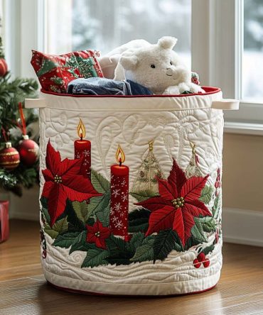Festive Glow Quilted Laundry Hamper — Warm Holiday Pattern Foldable Fabric Laundry Basket With Handles For Cheerful Storage