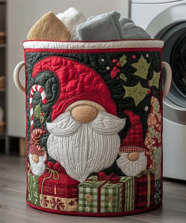Festive Gnome Quilted Laundry Basket - Charming Foldable Hamper With Sturdy Handles For Christmas & Seasonal Decor