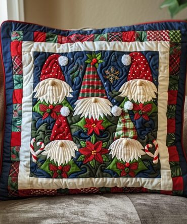 Cheerful Festive Gnome Quilted Throw Pillow Cover — Cozy Holiday Accent Cushion For Living Room, Entryway & Seasonal Displays