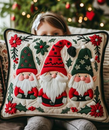 Festive Gnome Trio Quilted Holiday Pillow Cover — Charming Christmas Cushion Case With Cute Gnome Designs For Seasonal Sofa & Mantel Decor