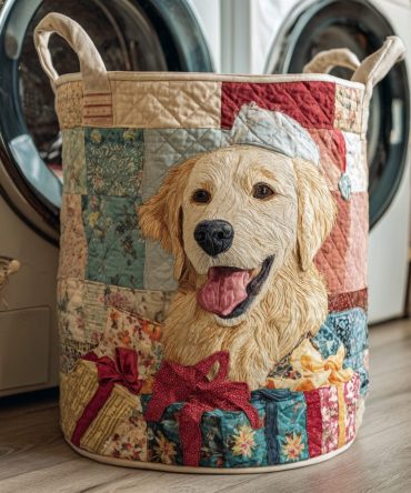 Festive Golden Retriever Quilted Laundry Hamper - Holiday-Themed Foldable Fabric Basket With Sturdy Handles For Charming Storage