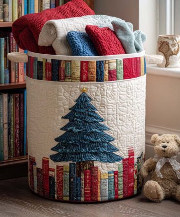 Festive Library Quilted Laundry Hamper — Cozy Book-Themed Foldable Basket, Spacious Interior, Sturdy Handles & Decorative Finish