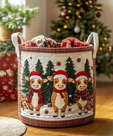 Festive Moo Crew Quilted Laundry Hamper — Playful Cow Print Foldable Fabric Basket, Durable Lightweight Storage For Kids & Holiday