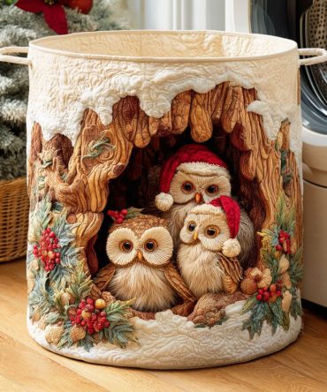 Festive Owl Quilted Laundry Hamper — Foldable Holiday Storage Basket, Durable Cotton Fabric, Heavy-Duty Handles, Gift-Ready