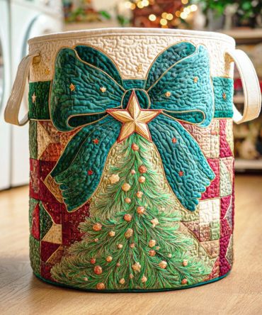Festive Ribbon Glow Quilted Laundry Hamper - Decorative Collapsible Fabric Basket With Ribbon Trim, Lined Holiday Storage & Gift Idea