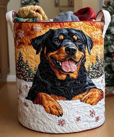 Festive Rottie Charm Quilted Laundry Hamper — Cute Rottweiler Print Foldable Laundry Basket, Durable Pet-Themed Storage For Dog Lovers