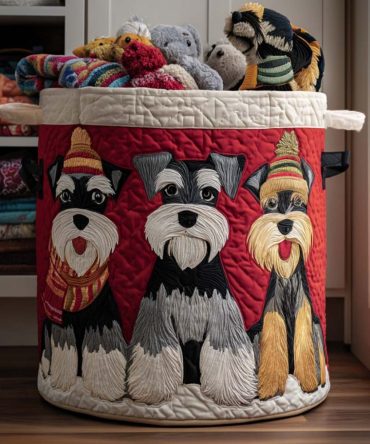 Festive Schnauzer Quilted Laundry Hamper - Playful Schnauzer Pattern Fabric Basket, Collapsible Storage Bin, Machine-Washable & Giftable