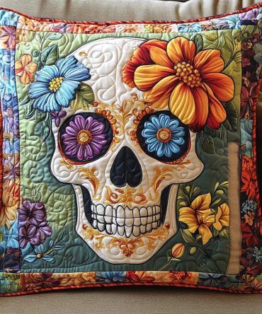 Festive Skull & Flowers Quilted Pillow Cover — Holiday Floral Skull Accent For Bold Home Styling, Machine Washable, Premium Decorative Throw