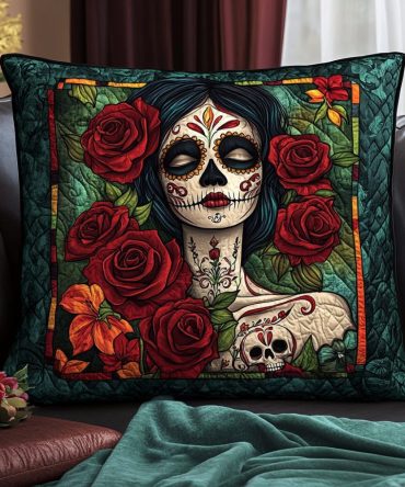 Festive Sugar Skull Quilted Decorative Pillow Cover For Throw Pillows — Day Of The Dead Home Accent, Machine-Washable Gift