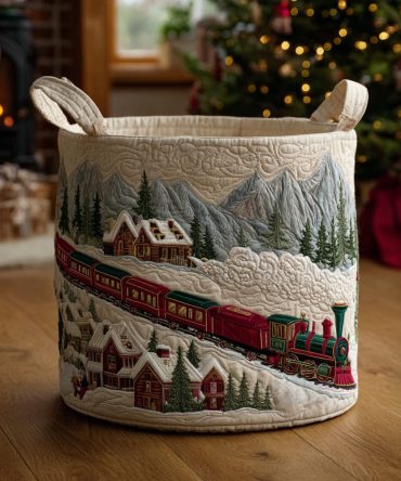Festive Steamline Quilted Laundry Hamper — Vintage Train Holiday Storage Basket, Foldable Quilted Laundry Organizer With Handles