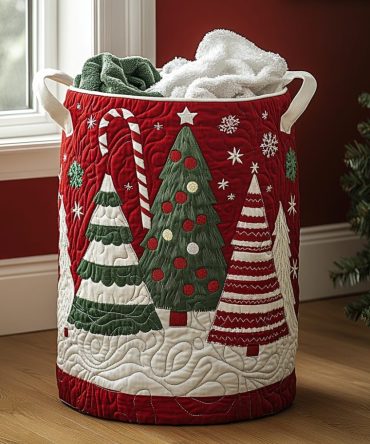 Festive Touch Quilted Laundry Hamper — Holiday Accent Foldable Basket, Soft Quilting, Reinforced Handles, Giftable Home Storage Solution