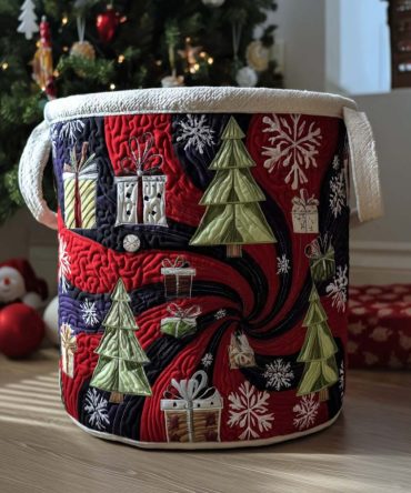 Festive Vortex Quilted Laundry Hamper — Decorative Foldable Fabric Basket With Sturdy Handles For Stylish Home Storage