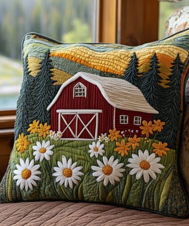 Field Of Daisies Quilted Pillow Cover — Meadow Floral Throw For Cozy Country & Cottage Interiors , Textured Quilting, Easy Care