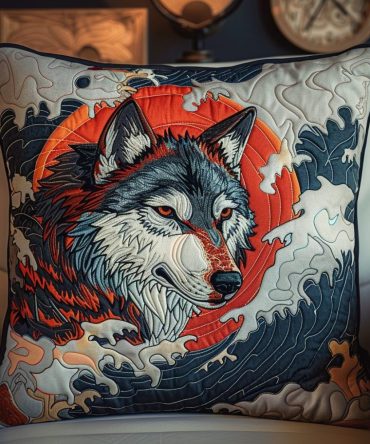 Fiery Wolf Spirit Quilted Pillow Cover — Bold Flame Wolf Throw Pillowcase, Quilted Statement Accent For Rustic, Modern & Boho Spaces