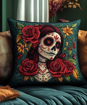 Fiesta Skull Vibes Quilted Pillow Cover — Colorful Dia De Los Muertos Throw Pillowcase For Lively, Festive & Cultural Home Decor