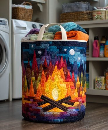 Fire Night Quilted Laundry Hamper — Bold Campfire Print Collapsible Basket With Sturdy Handles For Eye-Catching Bedroom & Dorm Storage
