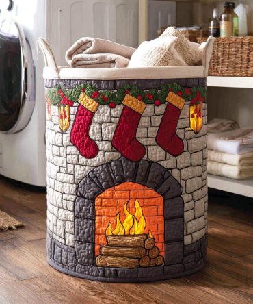Fireside Cheer Quilted Laundry Hamper - Joyful Holiday Washable Fabric Basket For Clothes, Toys & Seasonal Organization