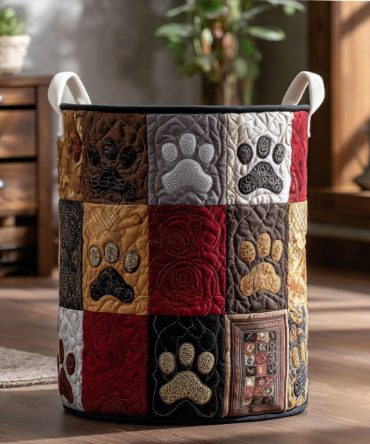 Fireside Fur Quilted Laundry Hamper — Cozy Fireside Fur Motif, Foldable Padded Fabric Basket With Reinforced Handles & Liner