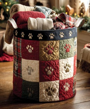 Fireside Paw Tales Quilted Hamper – Cozy Animal-Themed Collapsible Laundry Basket With Handles For Pet Lovers & Family Rooms